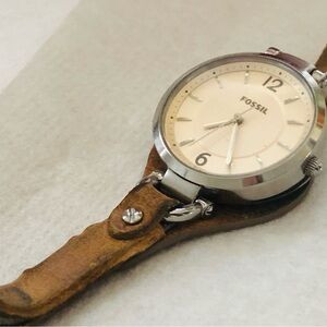 Fossil Brown Leather Strap Watch with Silver Case and Cream Dial